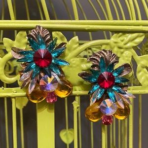 Vintage 1950s Clip On Colorful Rhinestone Earrings